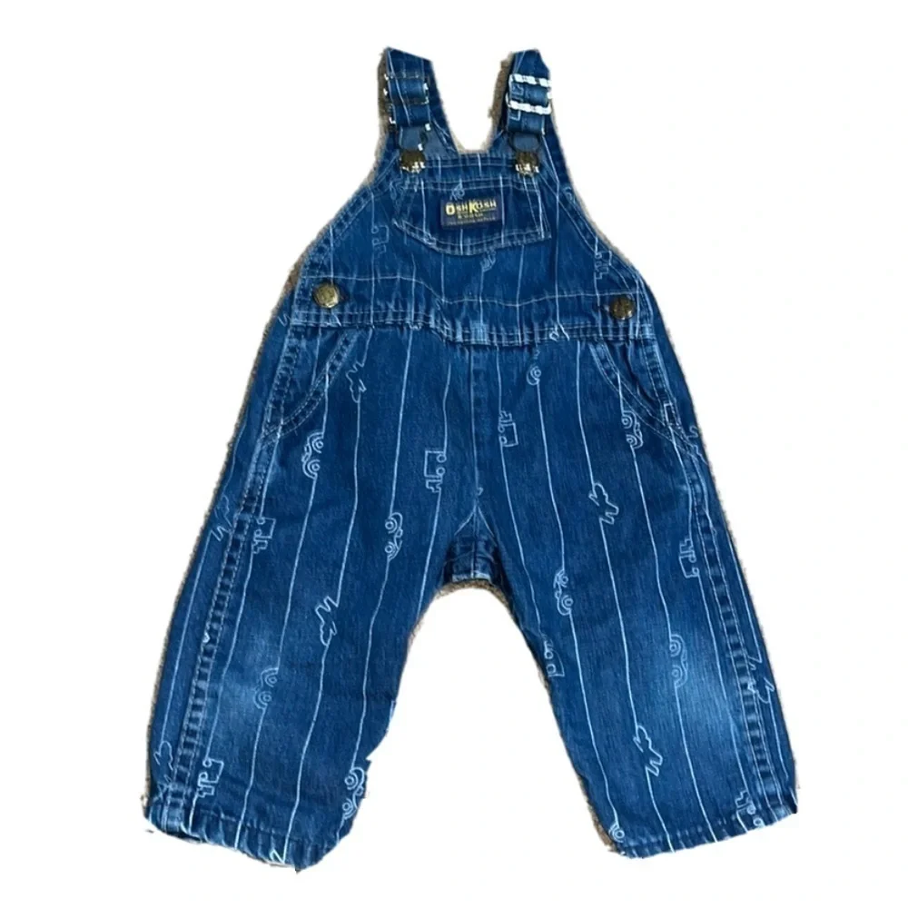 Vintage Oshkosh B'Gosh‎ Vestbak Denim Overalls Car Plane Truck Blue 12M